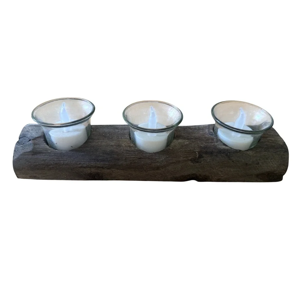 Rustic Reclaimed‎ Wood Triple Tealight Candle Holders Set of 2 Farmhouse Decor